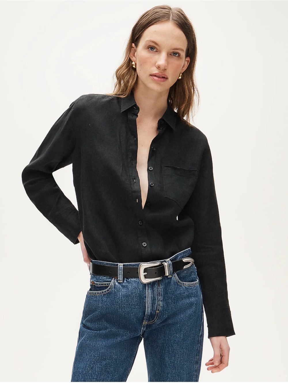 J Crew Classic Black linen blend Button-Up oversize Shirt with Chest Pocket